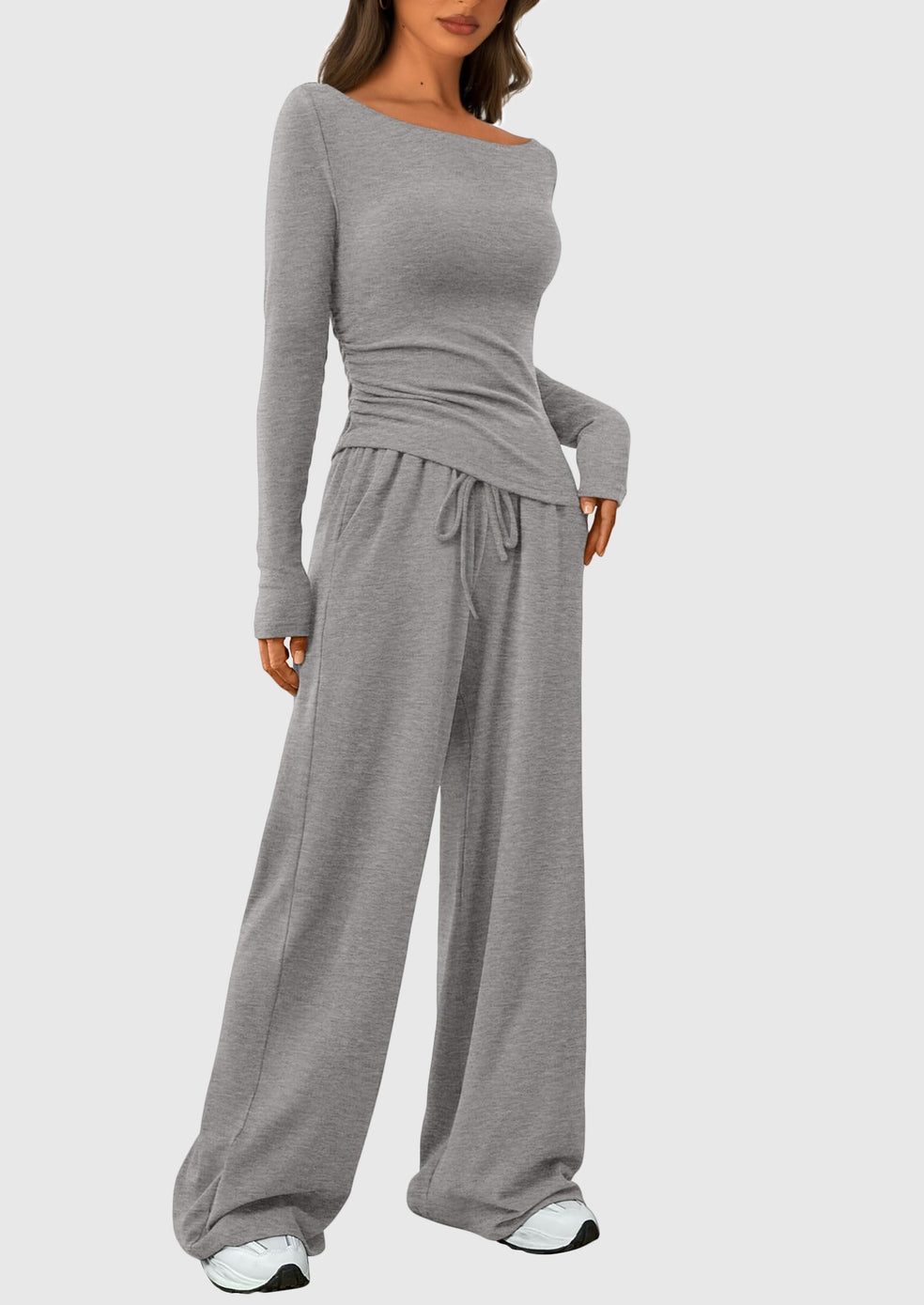 Conjunto loungewear de 2 piezas: top asimétrico de manga larga y pantalones anchos
