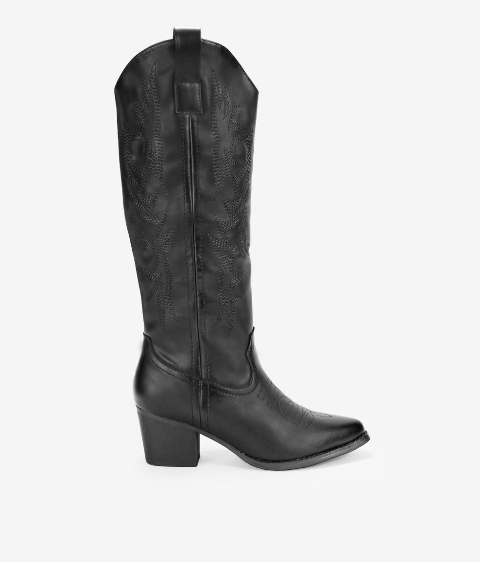 Botas cowboy altas negras con bordado y tacón