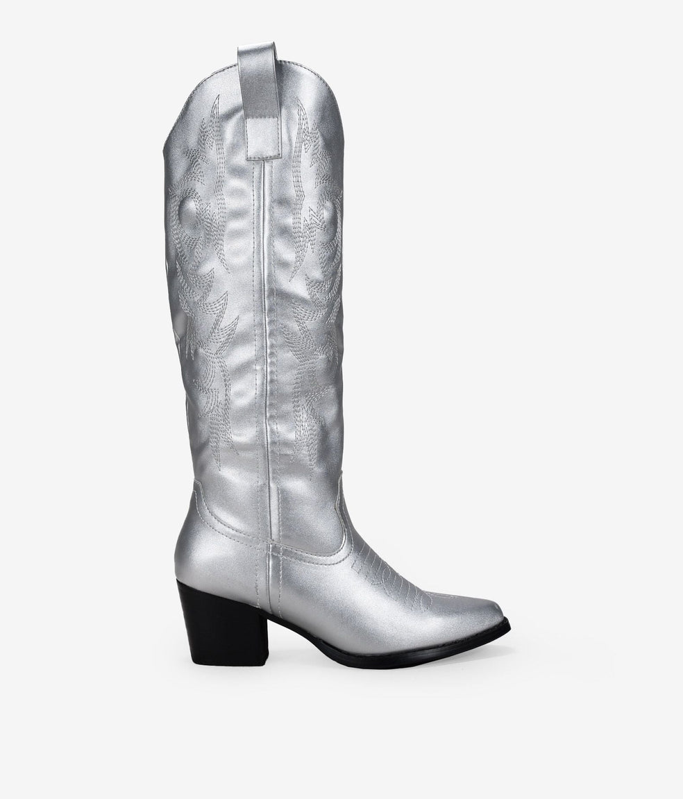 Botas cowboy altas plata con bordado y tacón