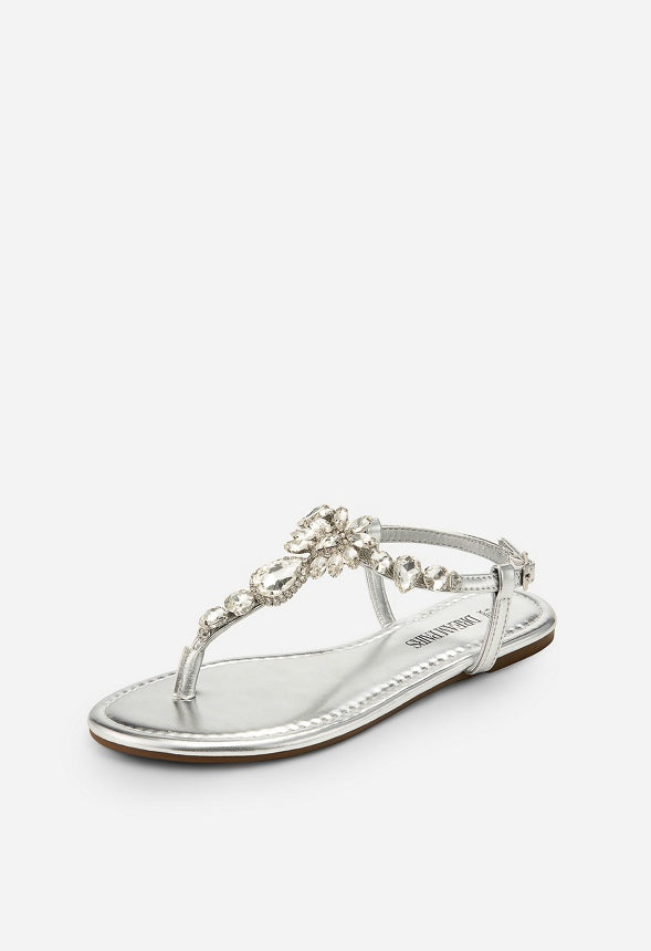 Sandalias planas de dedo con tira en T y strass de mujer