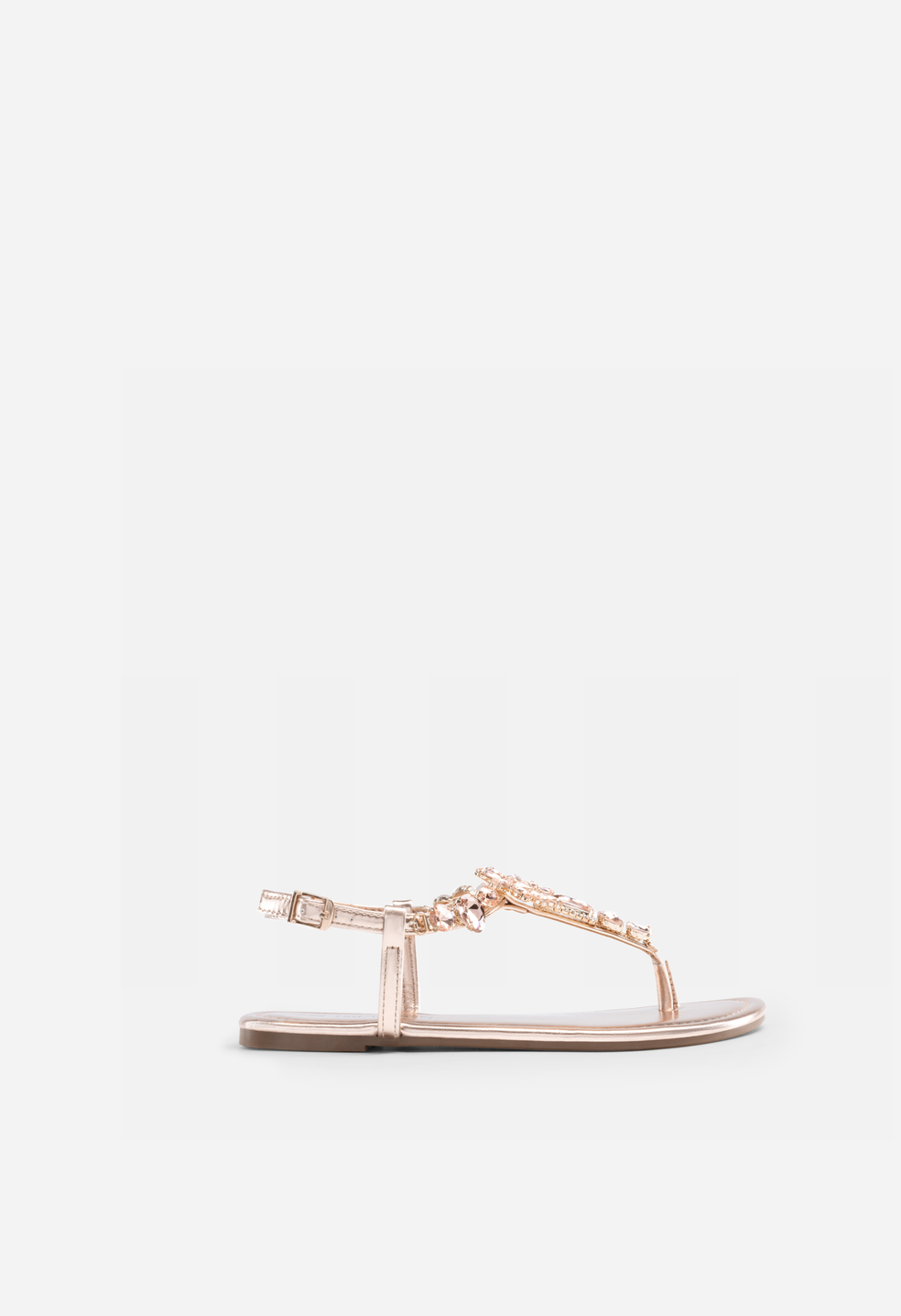 Sandalias planas de dedo con tira en T y strass de mujer